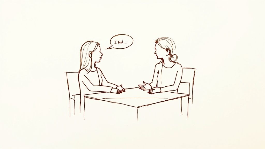 Two people having a serious, supportive conversation at a kitchen table.