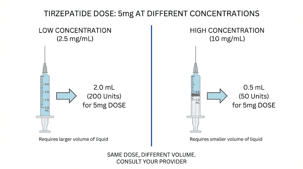 Compounded tirzepatide concentration comparison chart showing volume differences per dose
