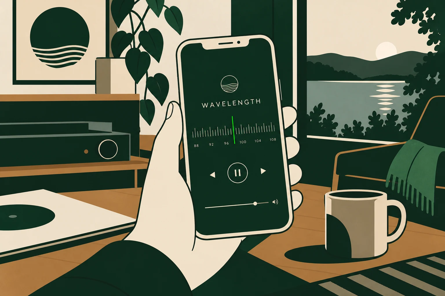 An unbranded cream phone displaying a dark green radio player with fine tuning scale, exact name WAVELENGTH