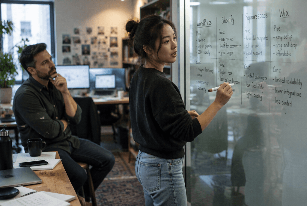 Small business team editing their WordPress website together in an office