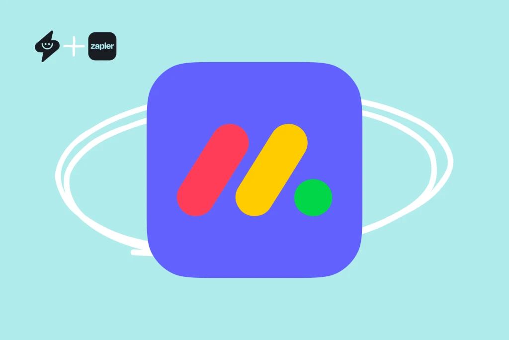 Monday.com project board with colorful task status columns