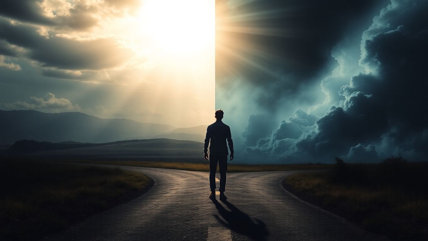 Person at a crossroads, choosing between peace and turmoil.