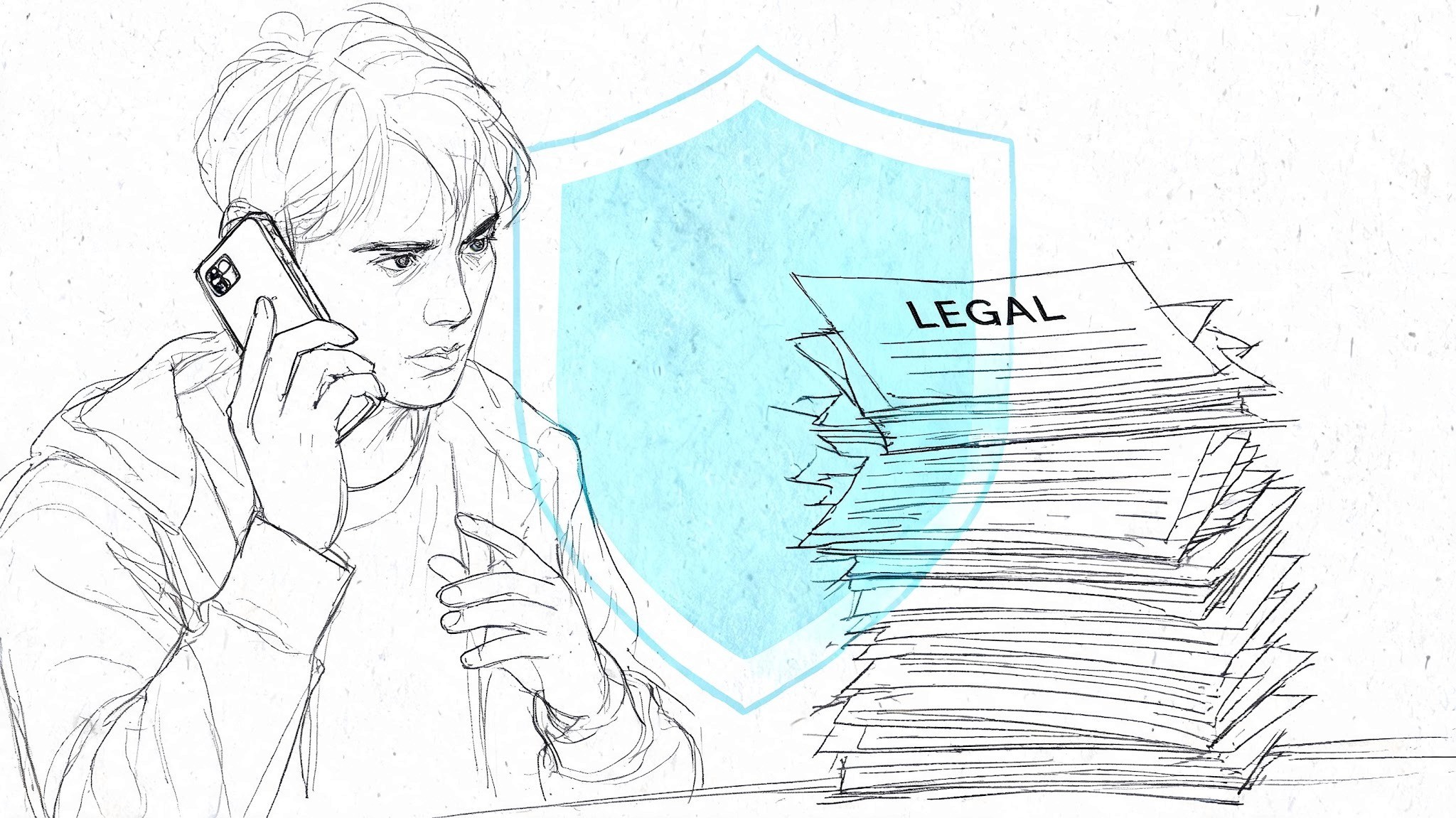 A person on a phone call with a stack of legal documents protected by a shield graphic.