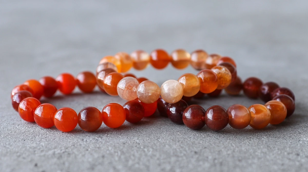 Three carnelian bracelets showing 8mm, 10mm, and 12mm bead sizes