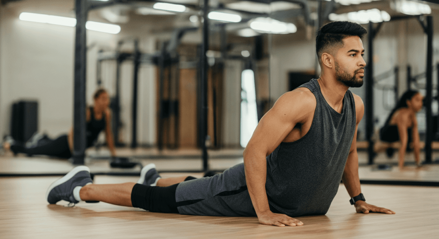 Male athlete performing cobra stretch on a gym floor, promoting spinal mobility, core activation, and recovery as part of injury prevention and rehab training.