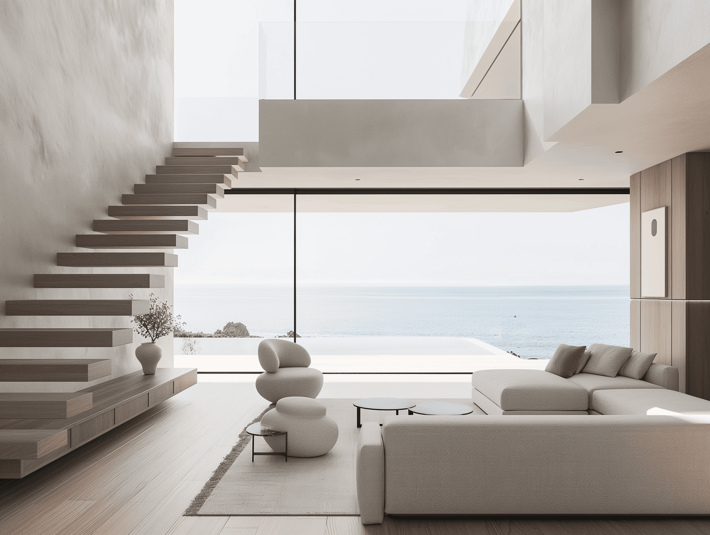 Modern living room with large windows, a staircase, and minimalistic design overlooking a ocean view.