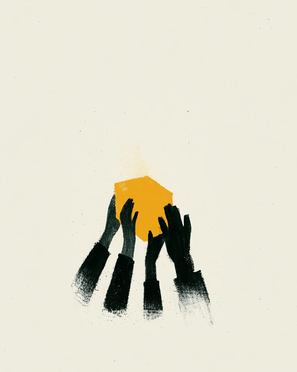 Teamwork-Illustration: Hände halten einen gelben Würfel, Teamwork-Konzept