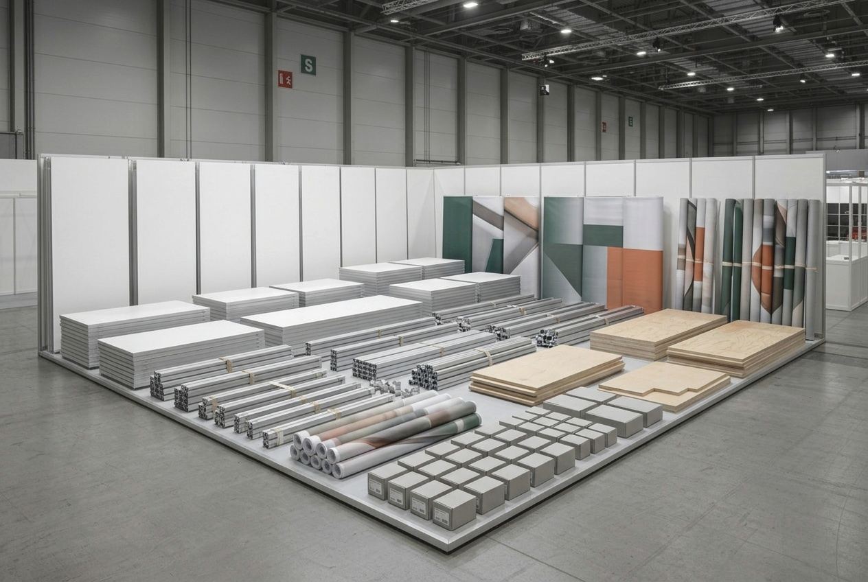 A stand kit laid out in rows on the workshop floor, ready to pack