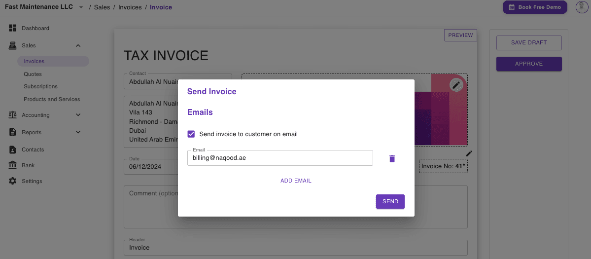 Screenshot showing the process for approving and sending an invoice via email or other channels.