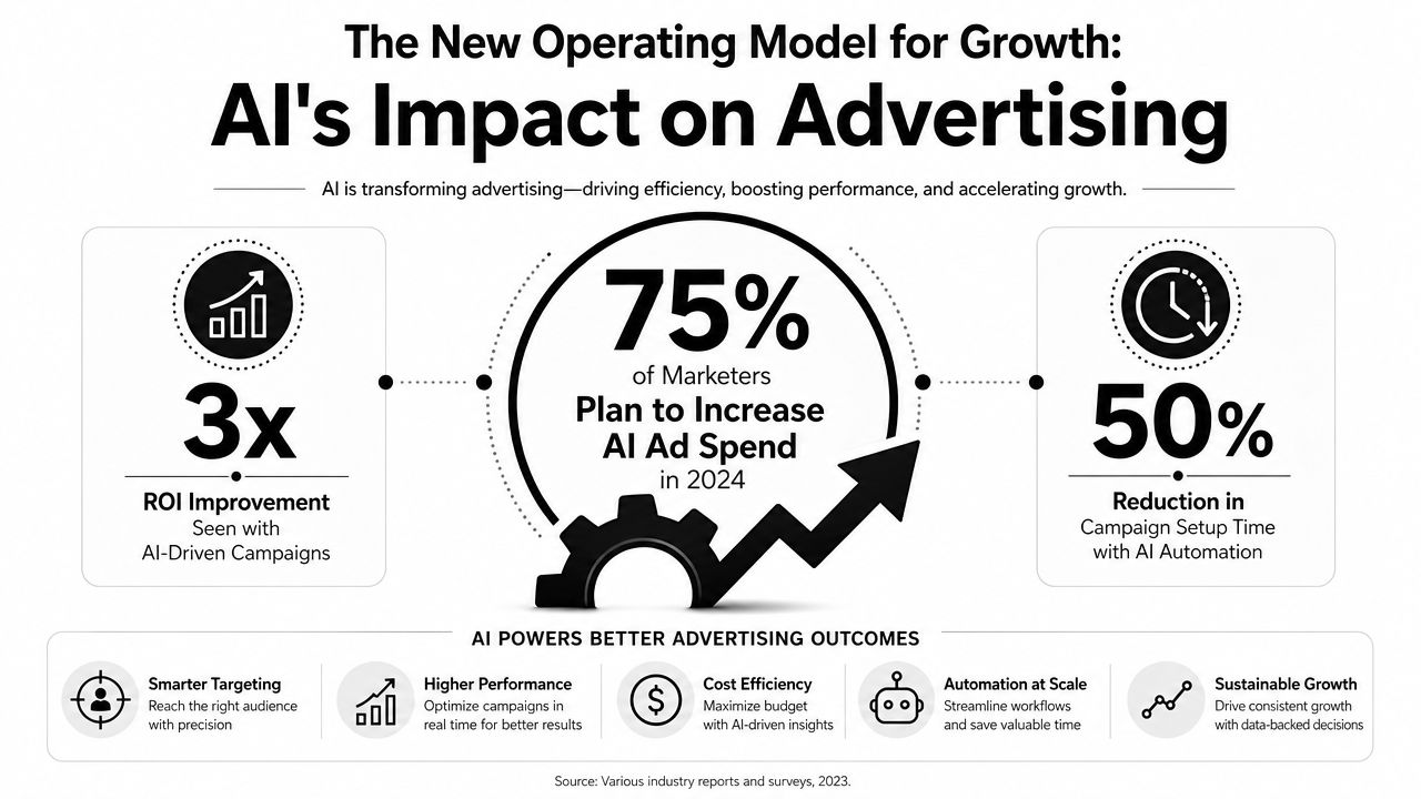 An infographic showing how AI improves advertising efficiency, ROI, and campaign performance for marketers in 2024.
