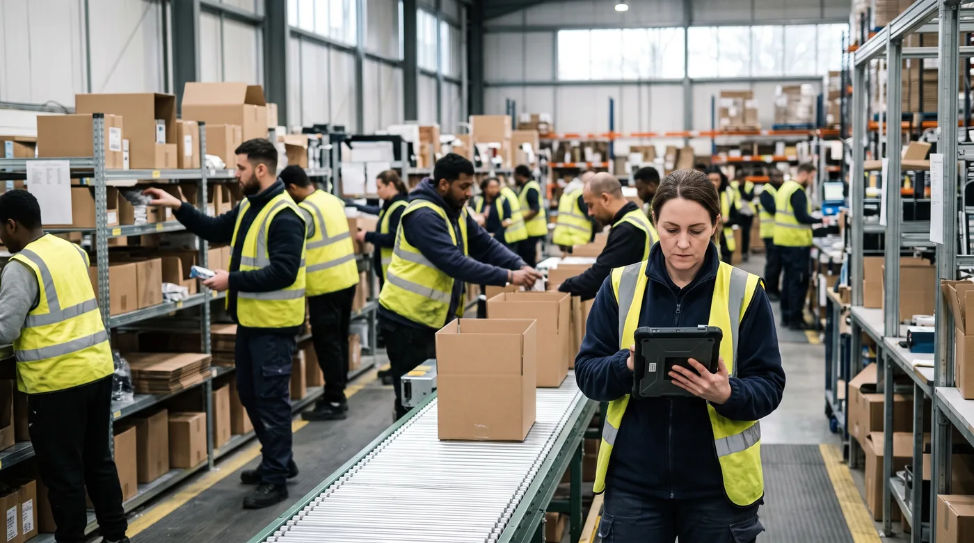 Warehouse staff in high-visibility vests at a packing line
