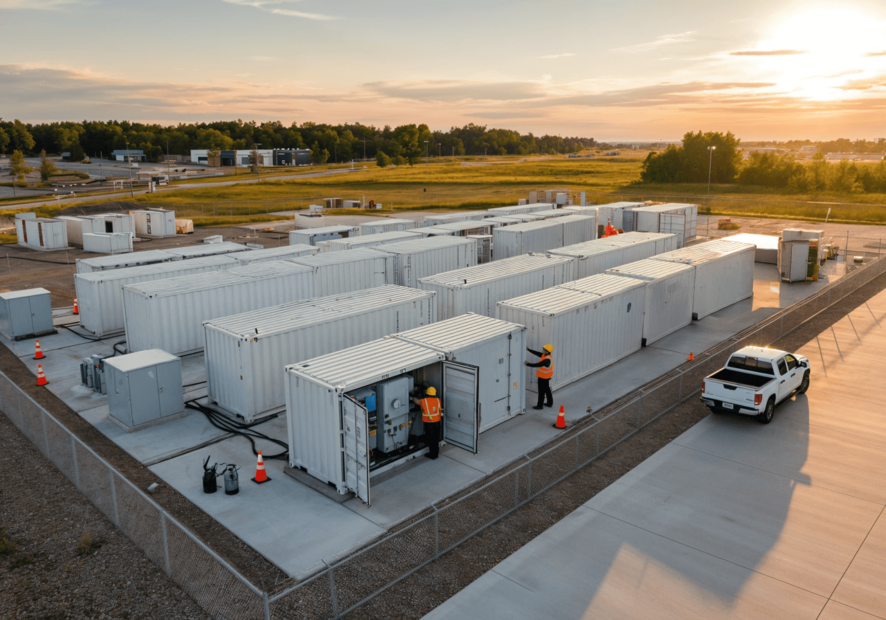 Workers installing grid-scale solar energy storage.