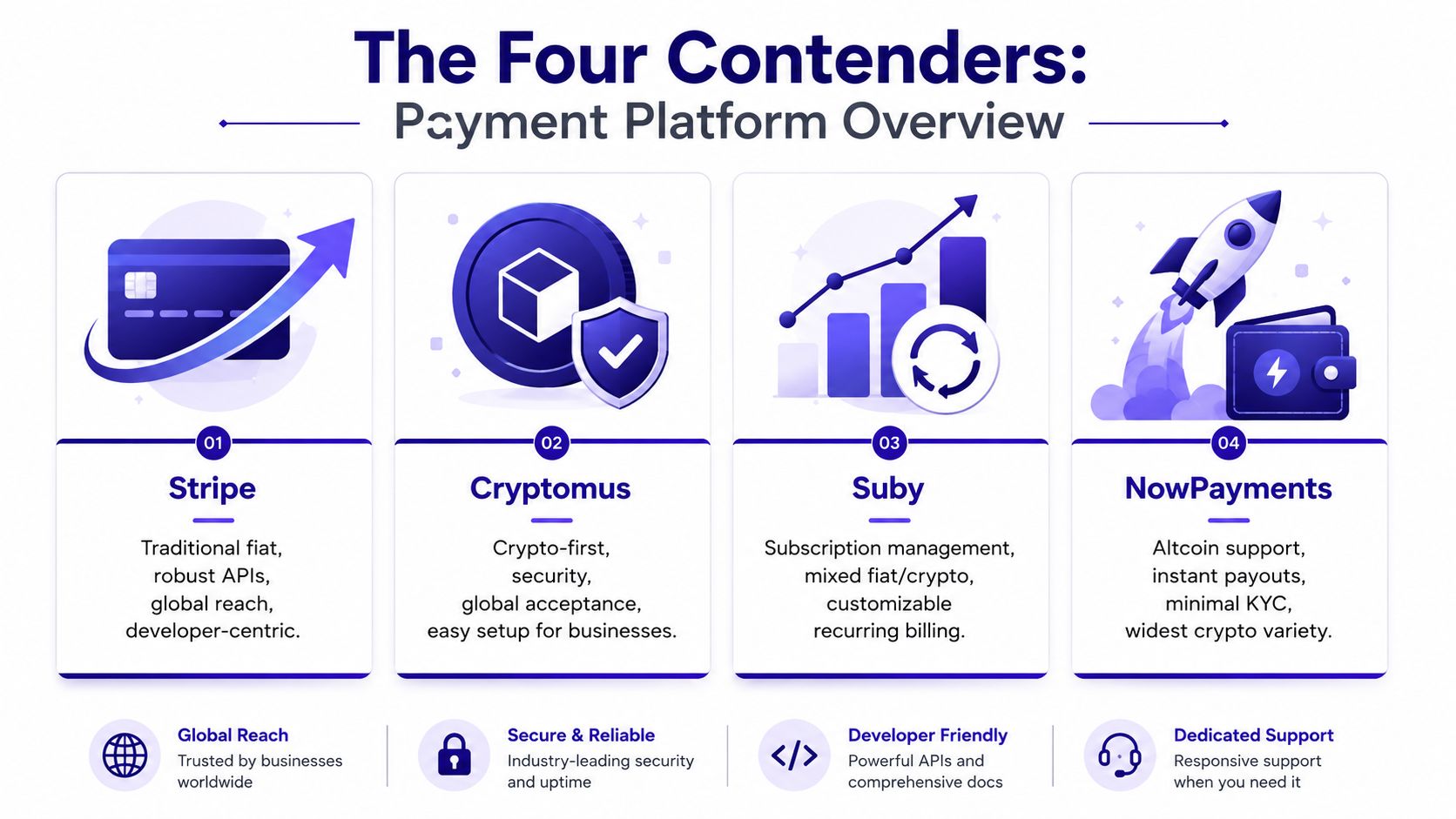 A comparison chart showing features of payment platforms Stripe, Cryptomus, Suby, and NowPayments for business owners.
