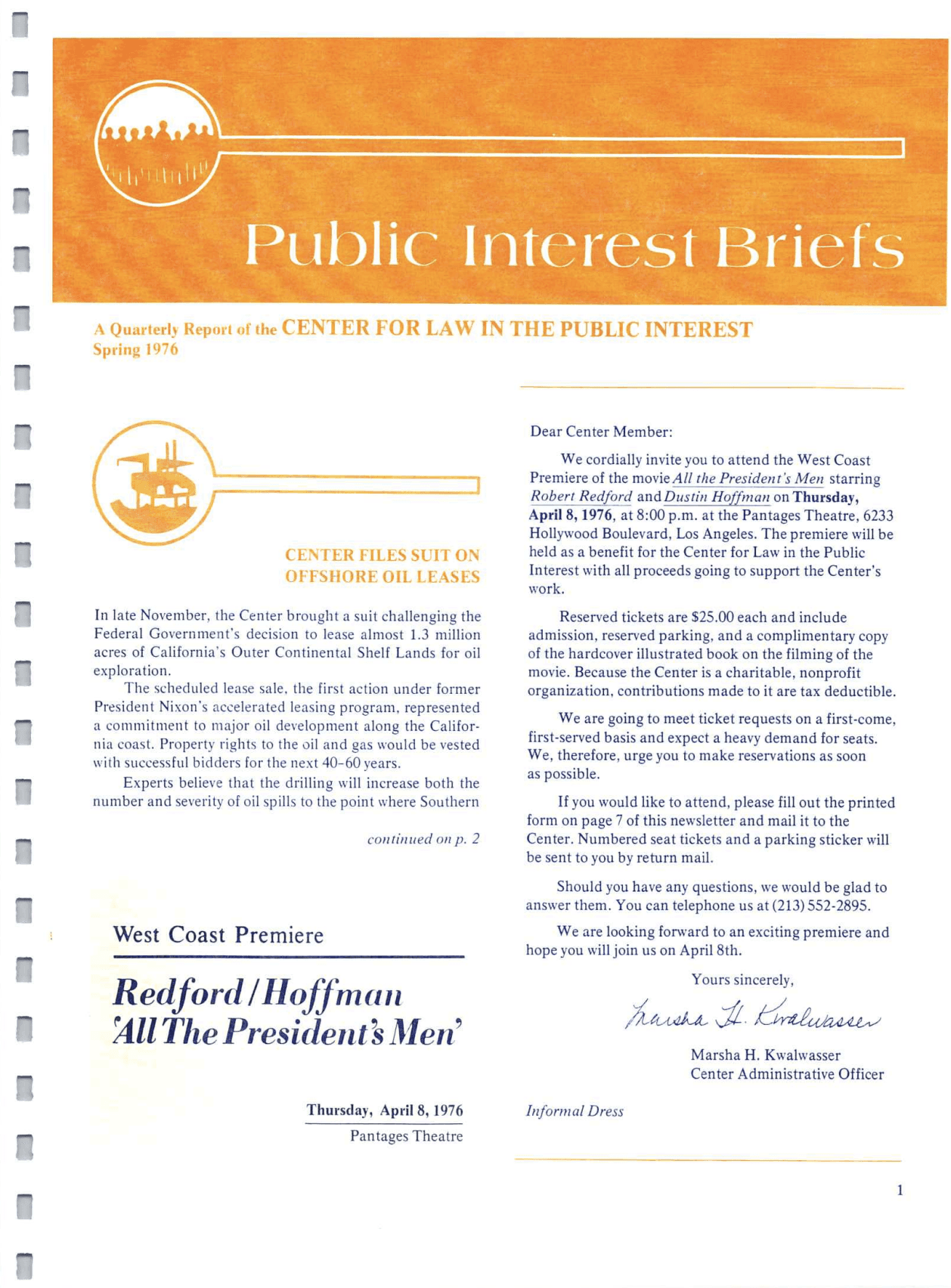 Cover of Center for Law In The Public Interest's Quarterly Report, Spring 1976 Edition Public Interest Briefs