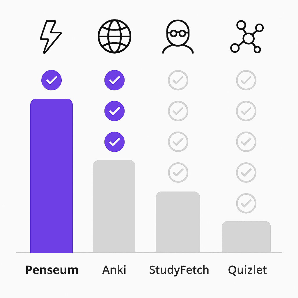 Graphical comparison showing Penseum outperforming Anki, StudyFetch and Quizlet across key study features
