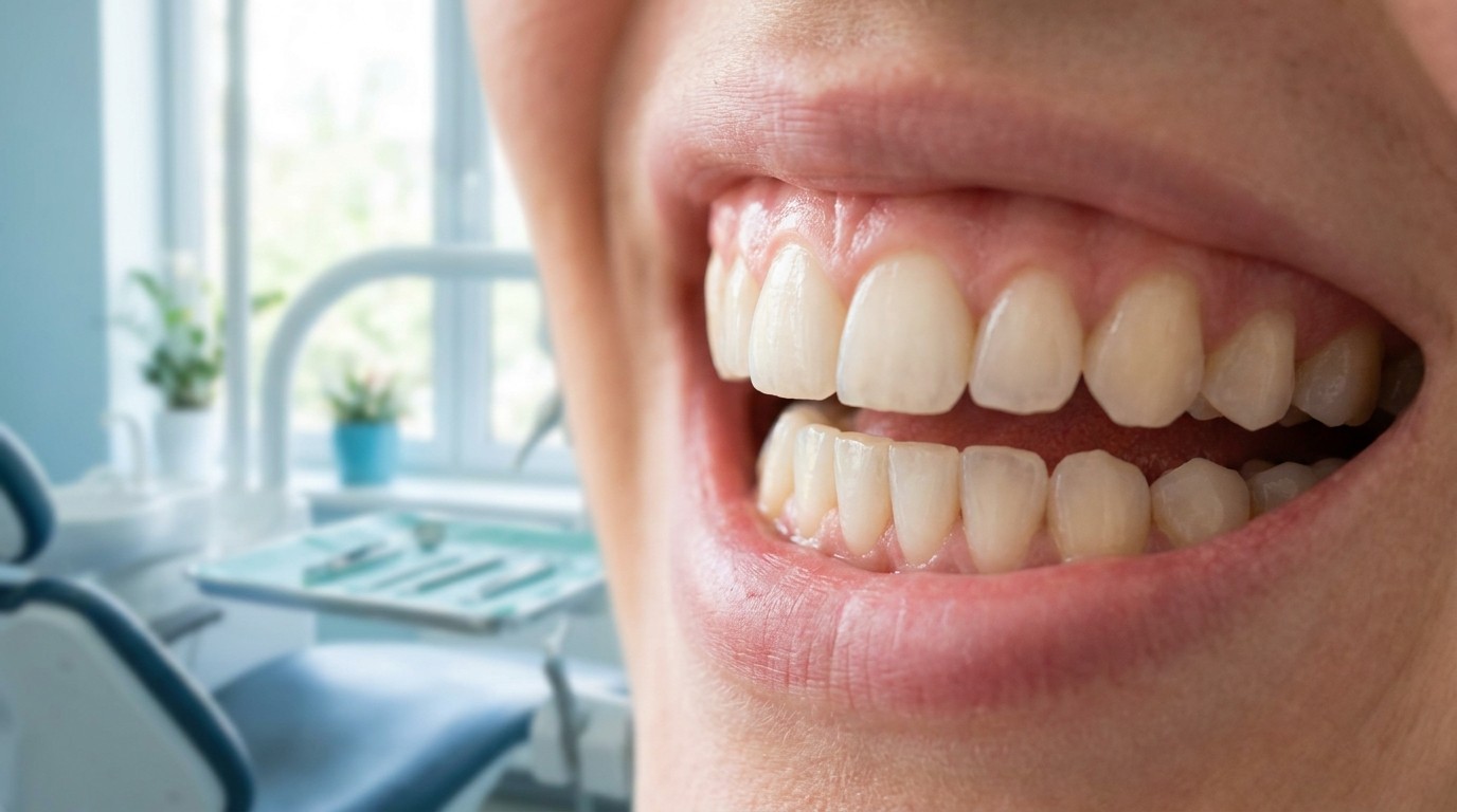 A close-up view of healthy teeth and gums protected by saliva inside a modern dental clinic.