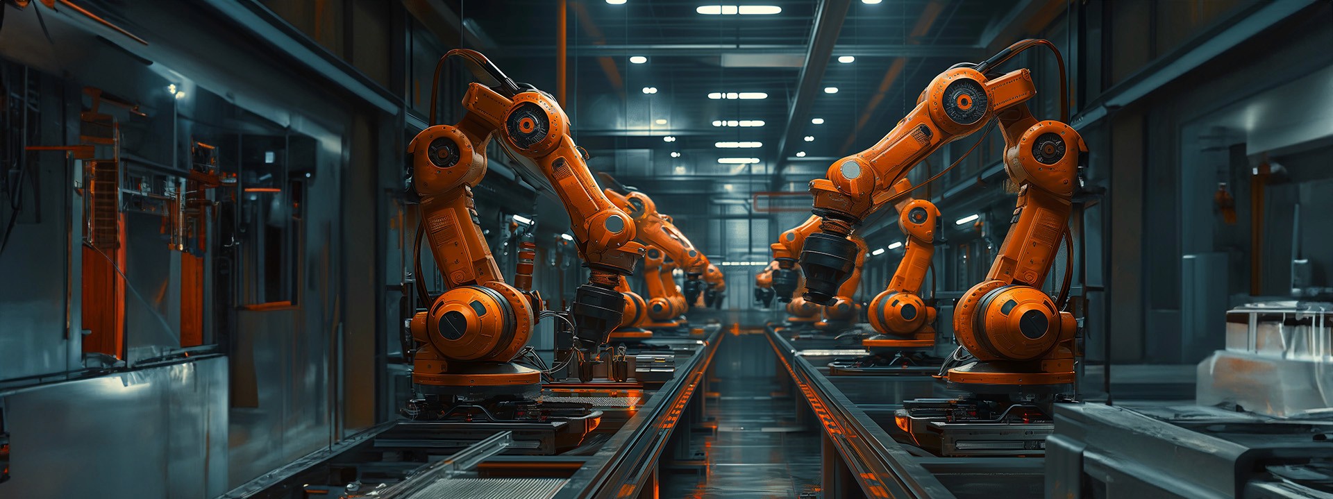 Orange robotic arms on either side of a production line.