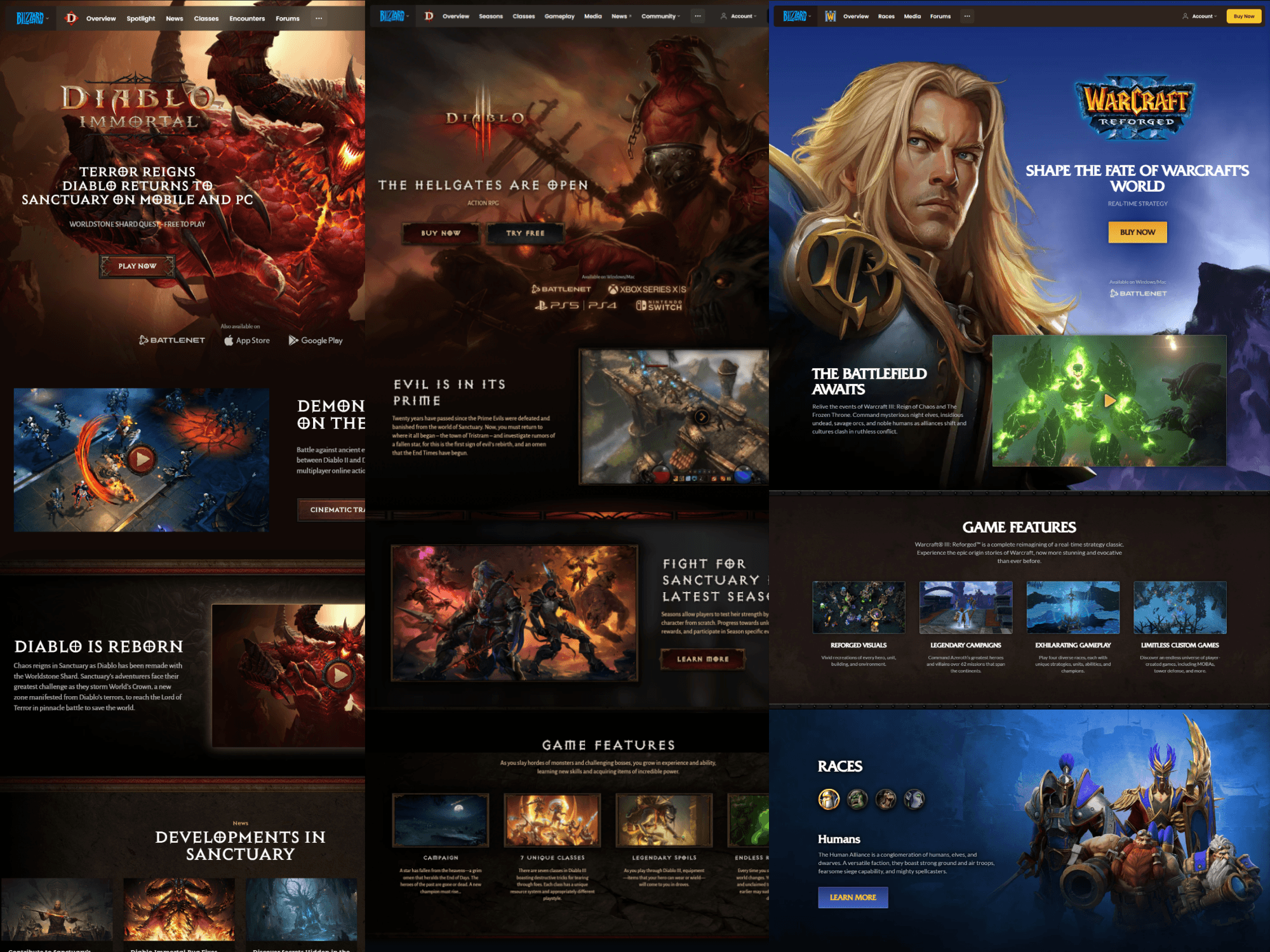 Various websites Designed by Game Sites 6 using Witchcraft Design System (Powered by Blizzard Content Platform)