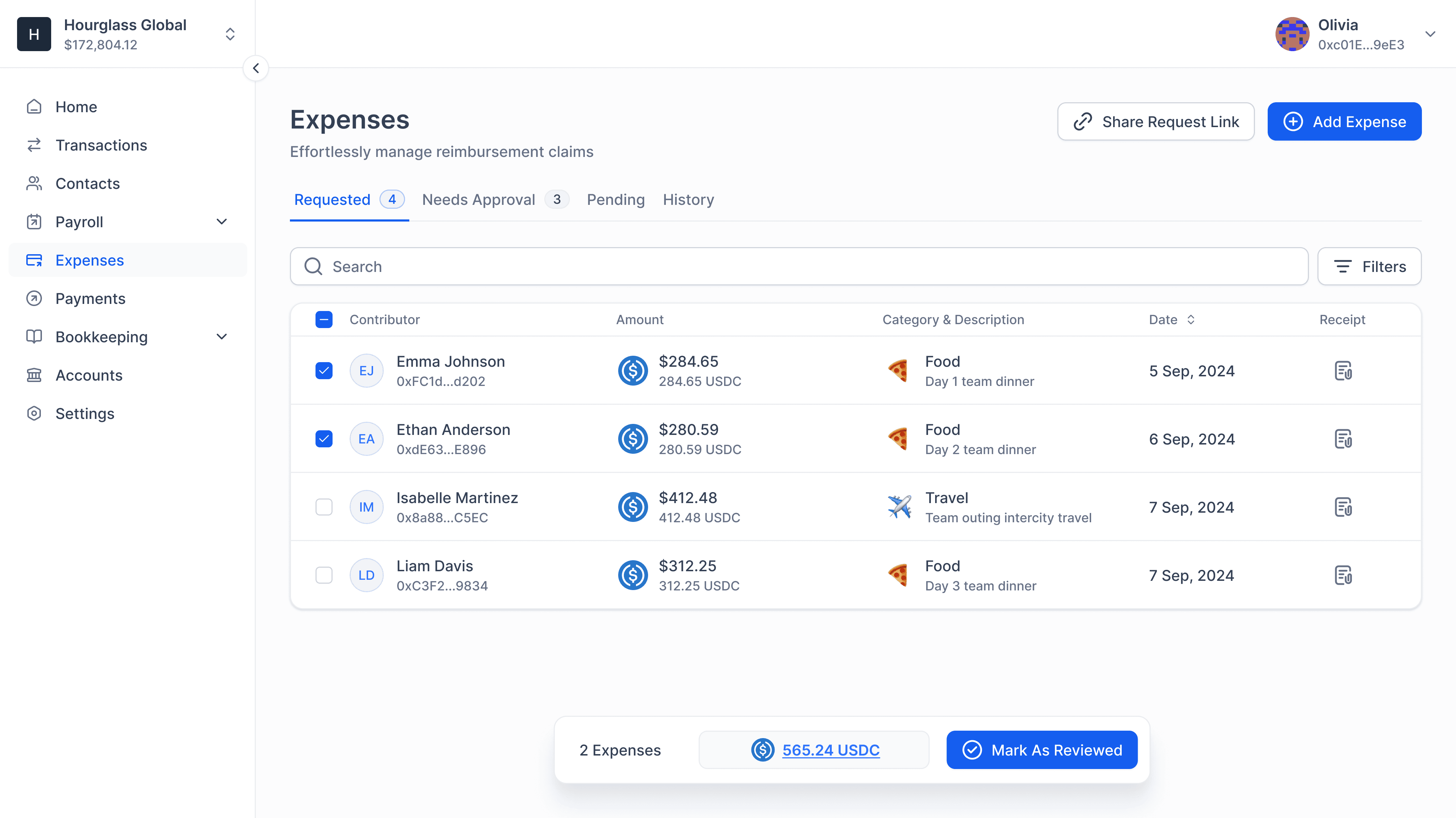 Requested Expenses page on Parcel.