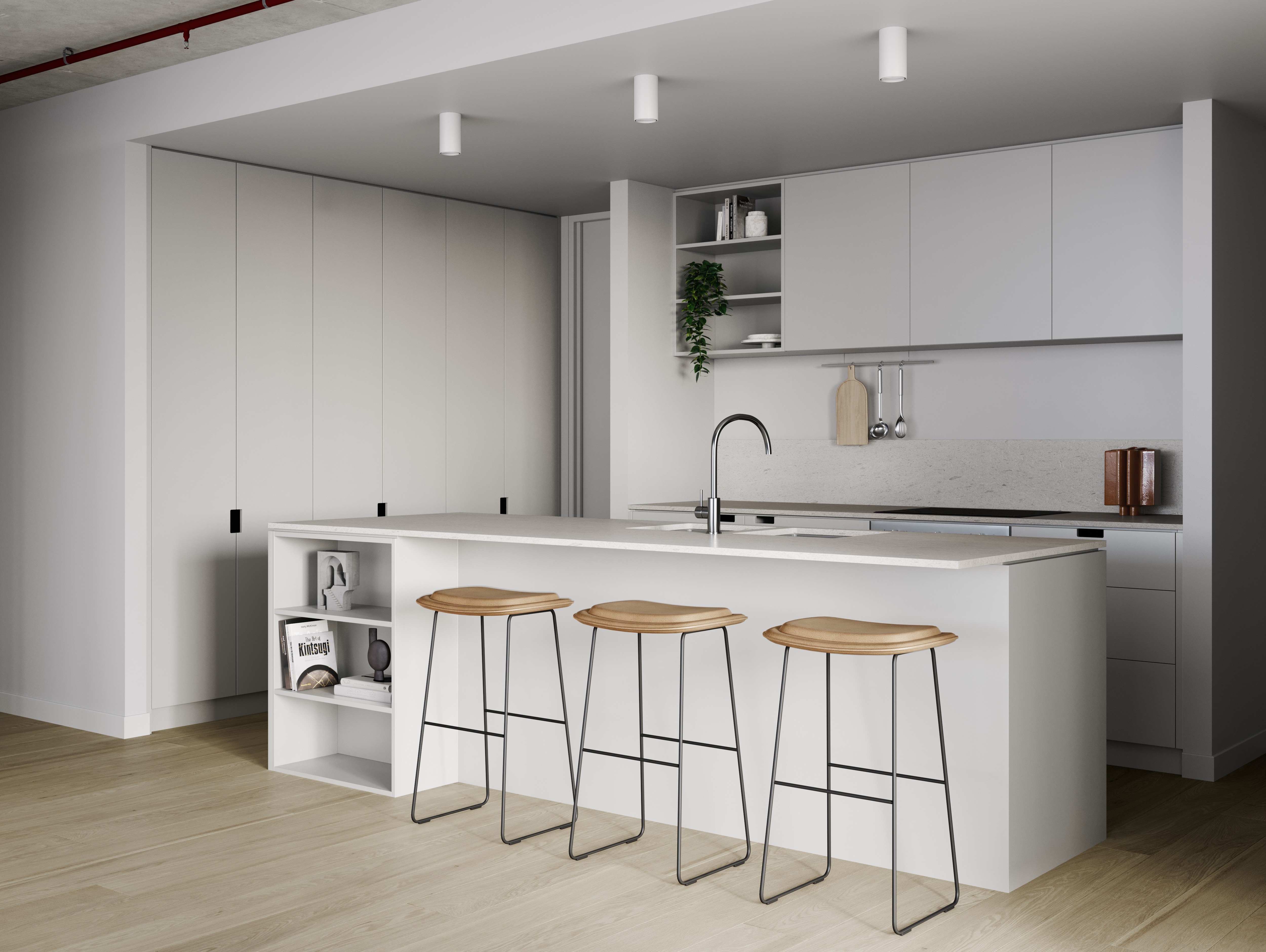 Contemporary kitchen at The Charlotte Woden with stone island bench, timber stools and sleek cabinetry, included in off the plan Canberra apartments secured with Coposit.