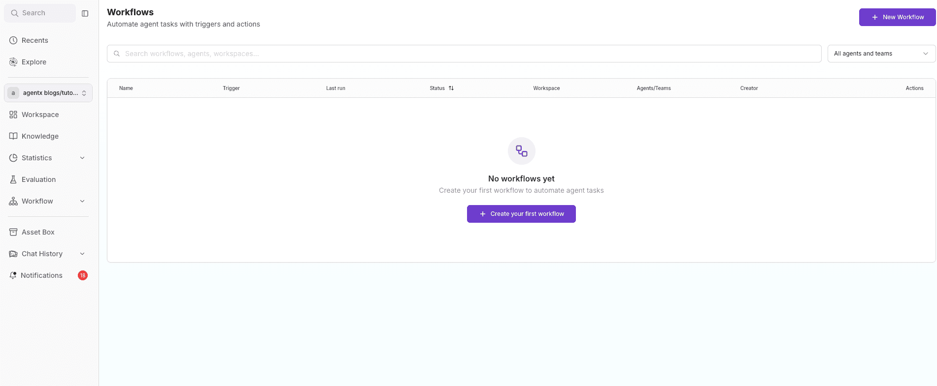 workflows empty menu