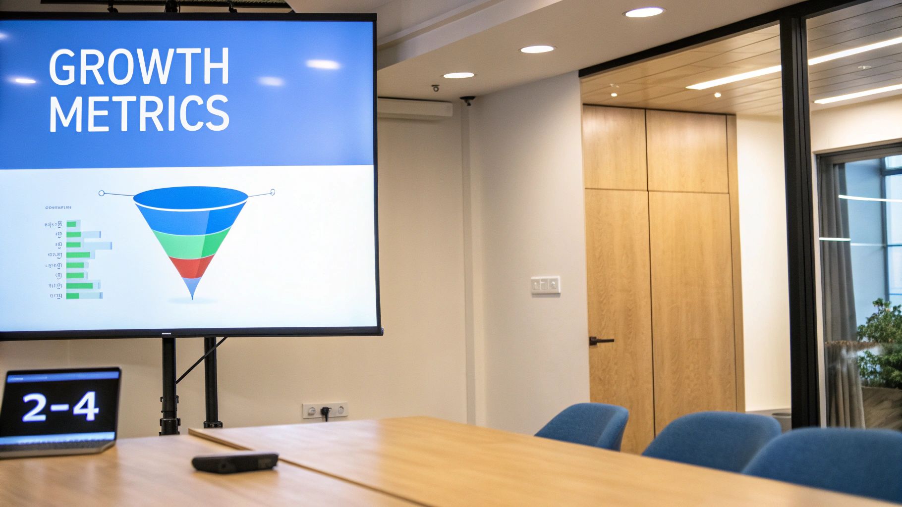 A modern meeting room with a large screen displaying 'GROWTH METRICS' and a sales funnel chart.