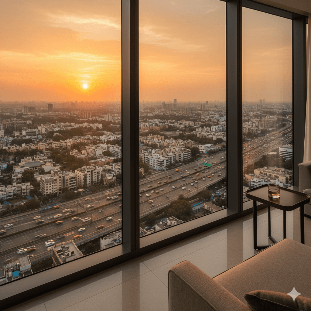 Panoramic city view from luxury apartment in M3M Trump Towers Gurugram