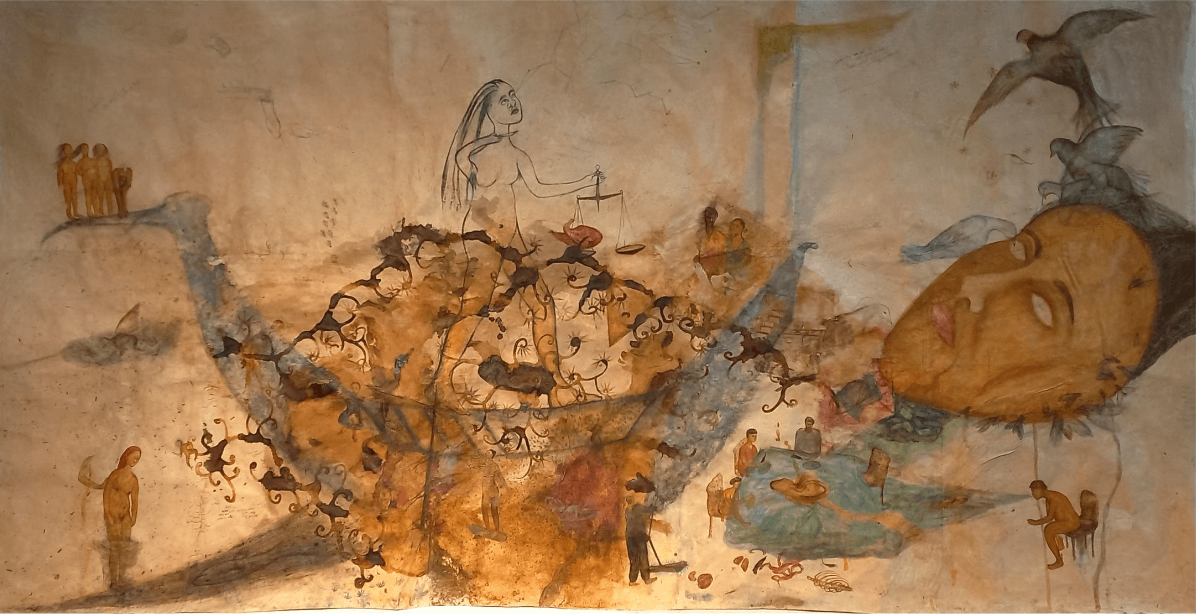 herd of sheep on road painting