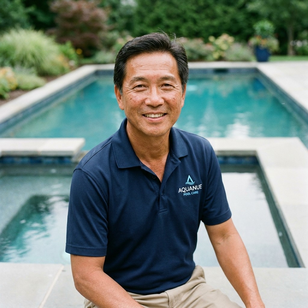 Marcus Hayes by a swimming pool