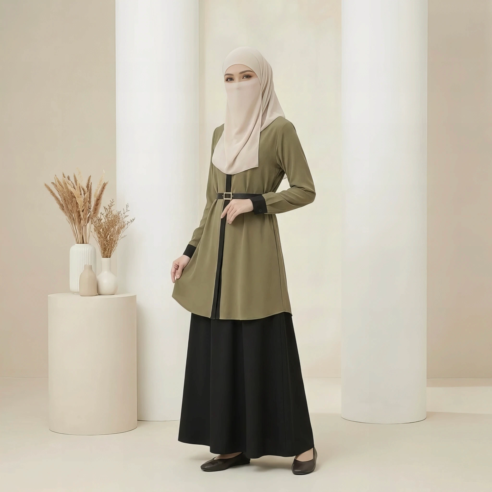 Veilline Belted Tunic in Olive Fog