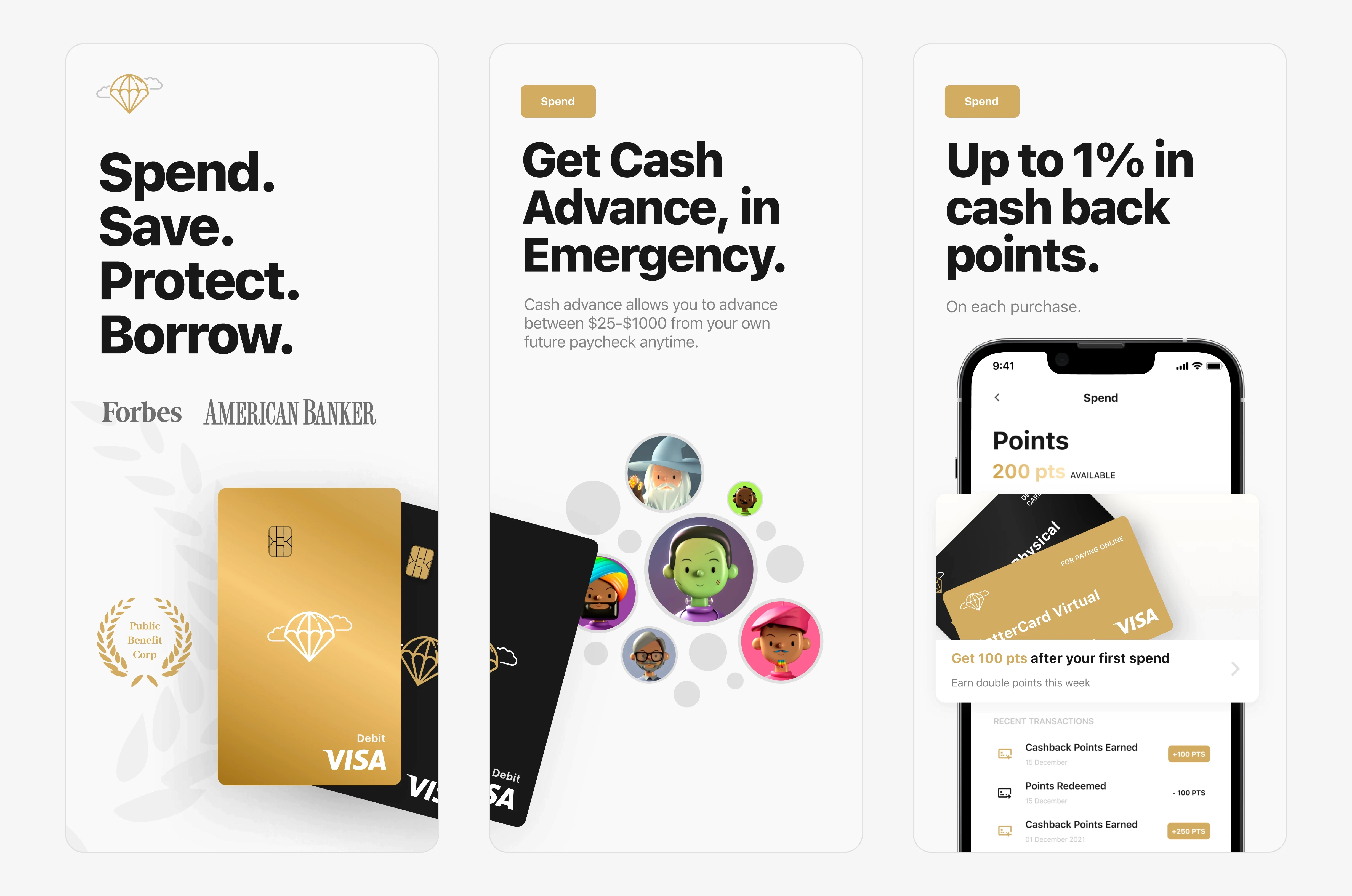 App Store promotional screen of a redesigned U.S. banking app showcasing core financial benefits — Spend, Save, Protect, Borrow — along with emergency cash advance options from $25 to $1000 and up to 1% cashback rewards. The visuals highlight premium gold and black Visa debit cards, diverse user avatar illustrations, and a mobile interface displaying points, virtual cards, and recent transactions. Clean, modern UI emphasizes security, simplicity, and added value for American users.