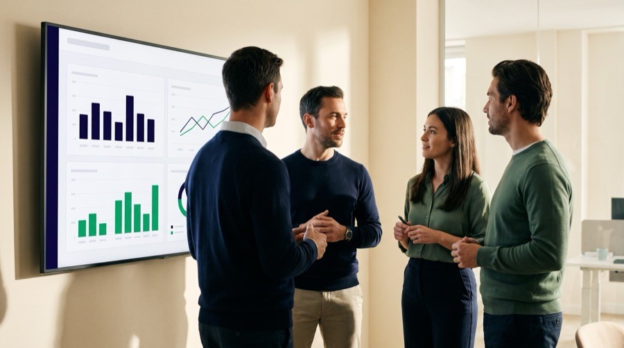 A product team reviewing a sustainability analytics dashboard on a wall screen
