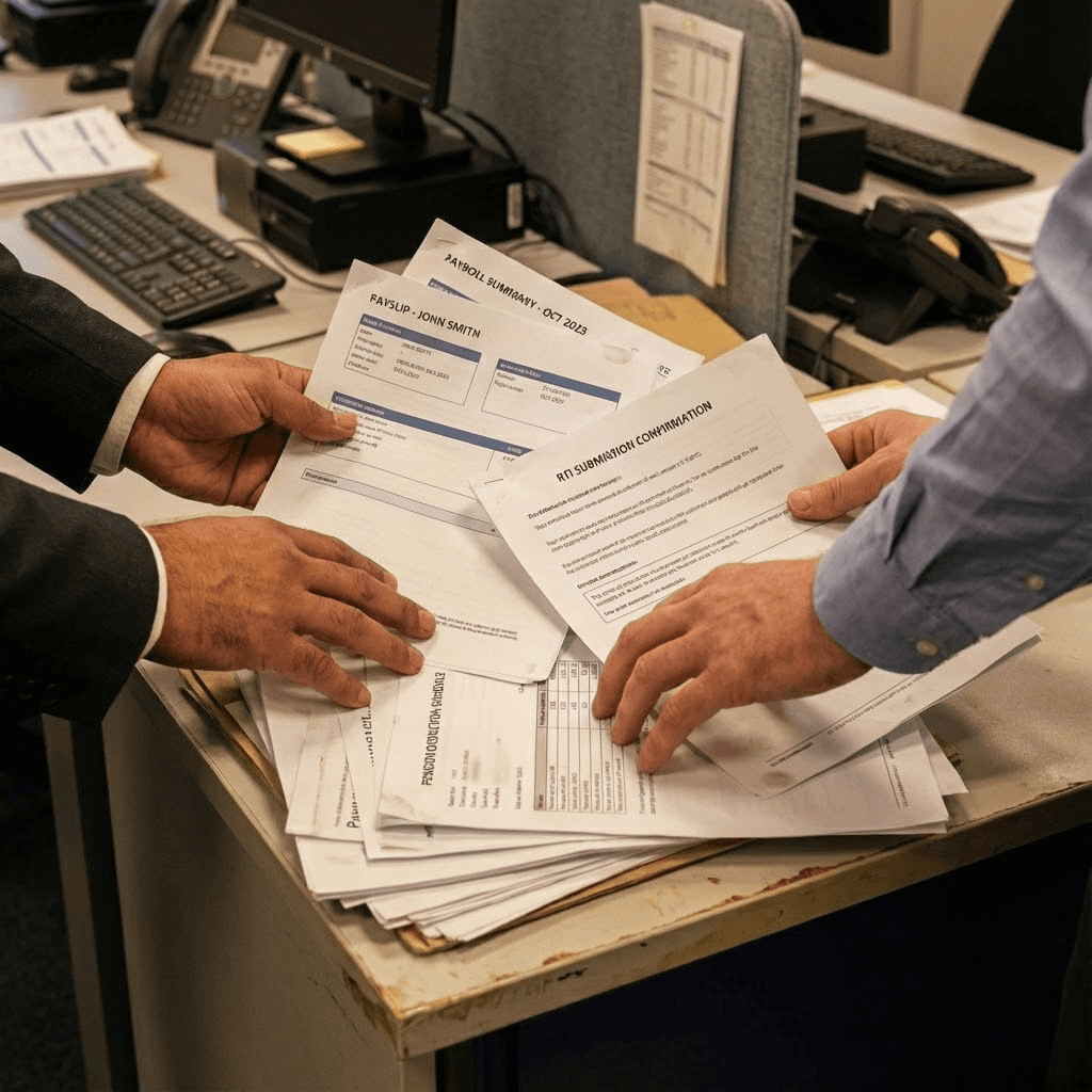 A professional woman with short dark hair wearing a beige blouse stands in a busy office.
