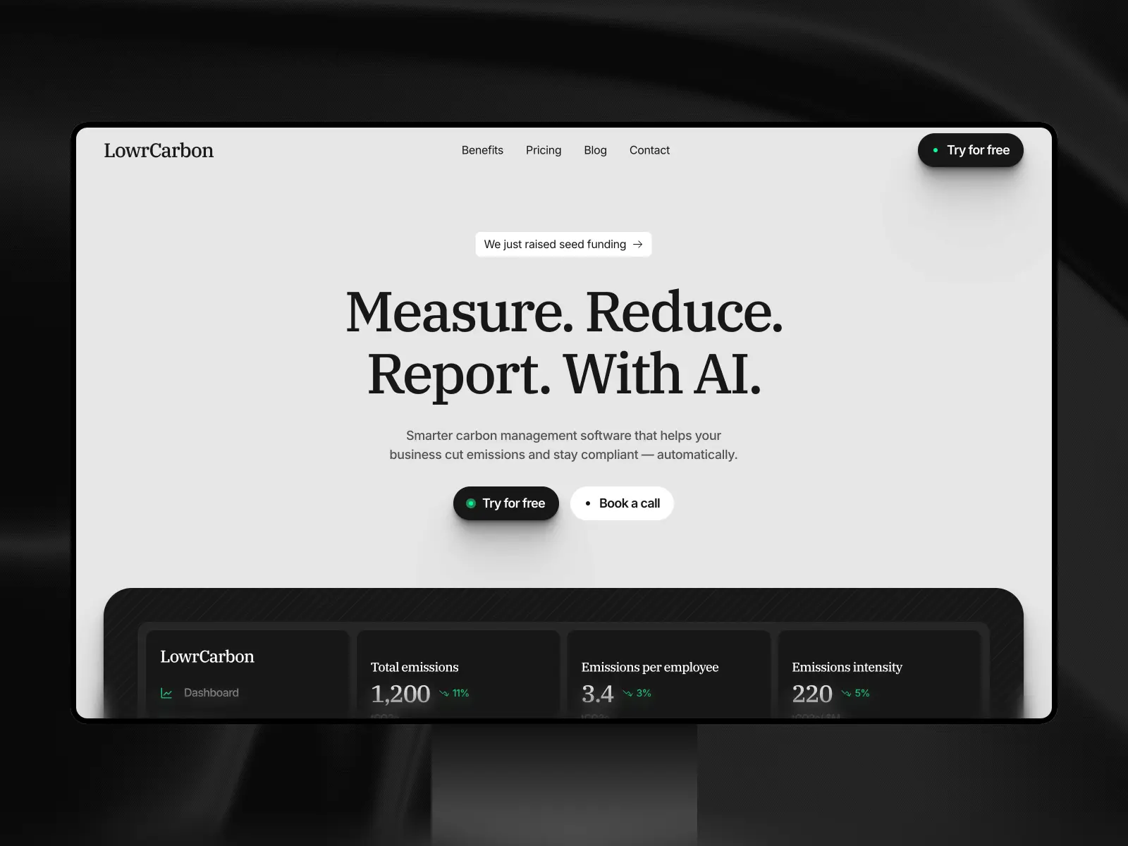 Preview of the LowrCarbon Framer template homepage for a carbon management SaaS platform.
