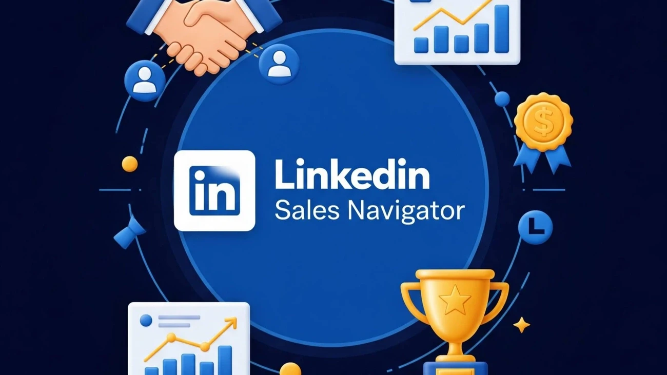 LinkedIn Sales Navigator logo surrounded by icons of handshake, charts, trophy, and user profiles on a dark background.