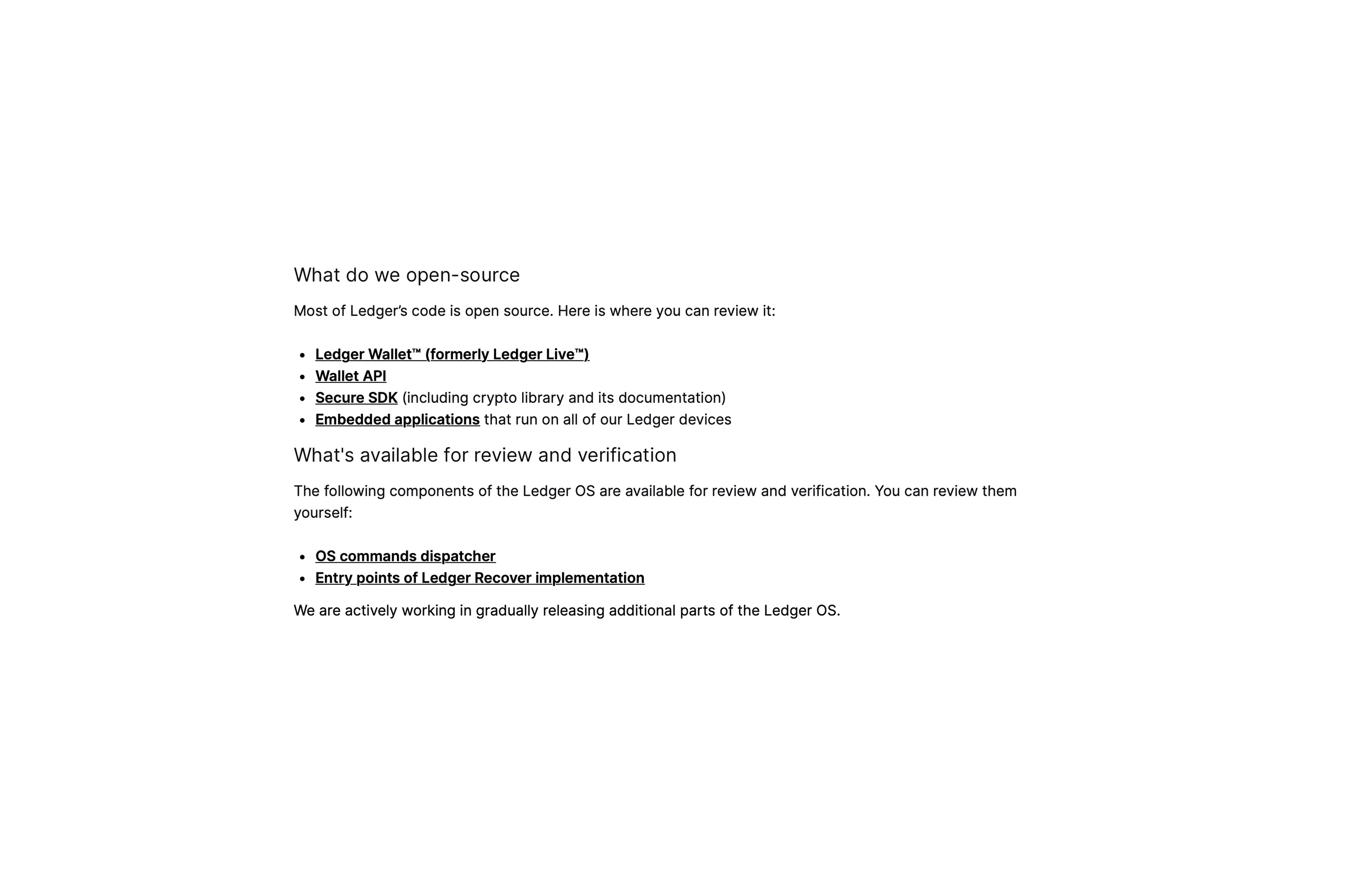 Ledger documentation screenshot titled "What do we open-source," listing Ledger Wallet, Wallet API, Secure SDK, and embedded applications as open-source components, plus a "What's available for review and verification" section listing OS commands dispatcher and Ledger Recover entry points.