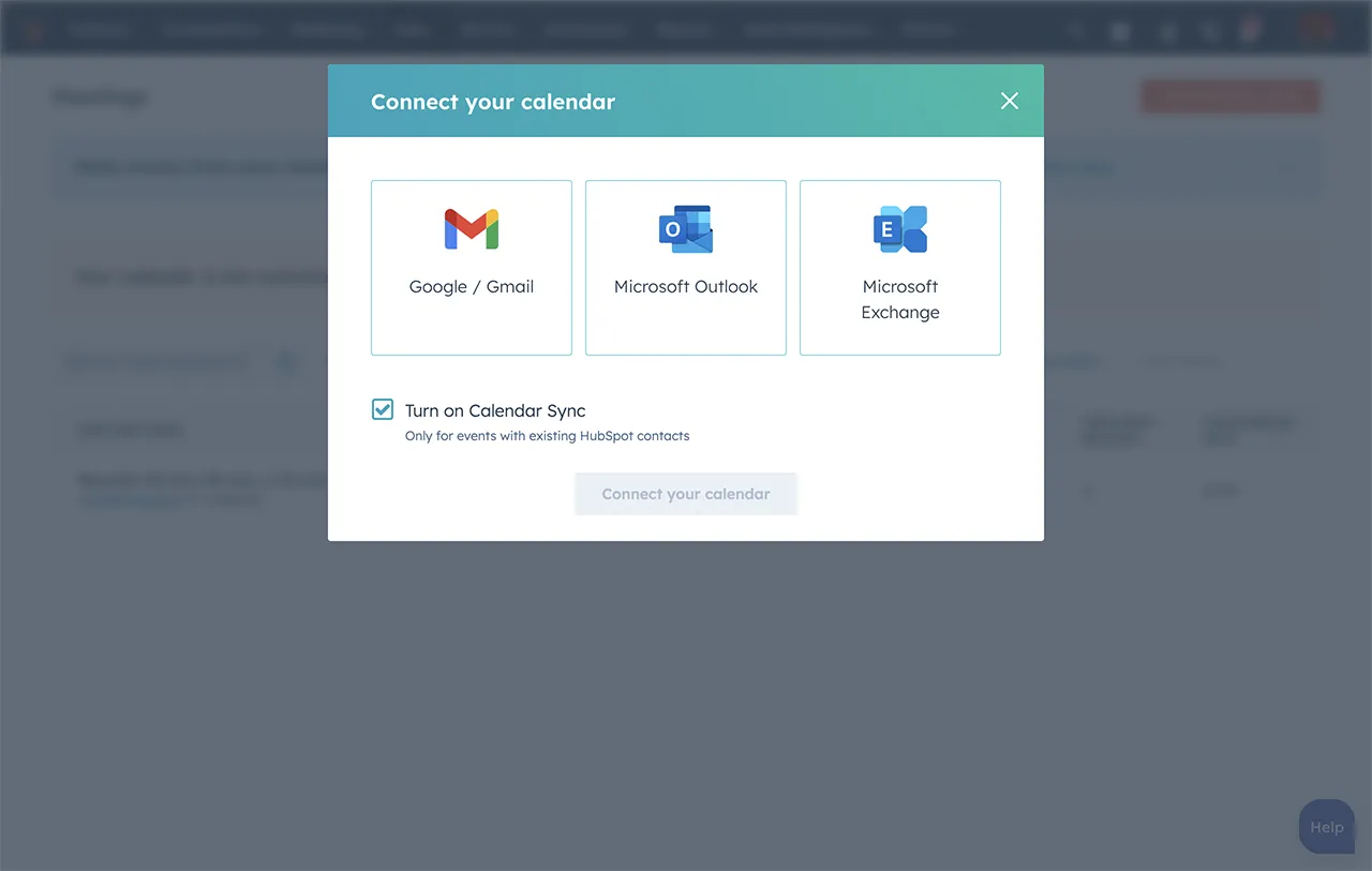 HubSpot Meeting Scheduler calendar sync settings page
