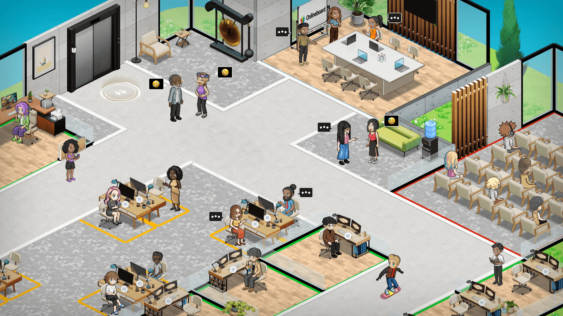 A wide-angle view of a SoWork digital headquarters featuring multiple zones, including a collaborative conference room, a casual lounge for spontaneous conversations, and individual desks where avatars are engaged in focused work.