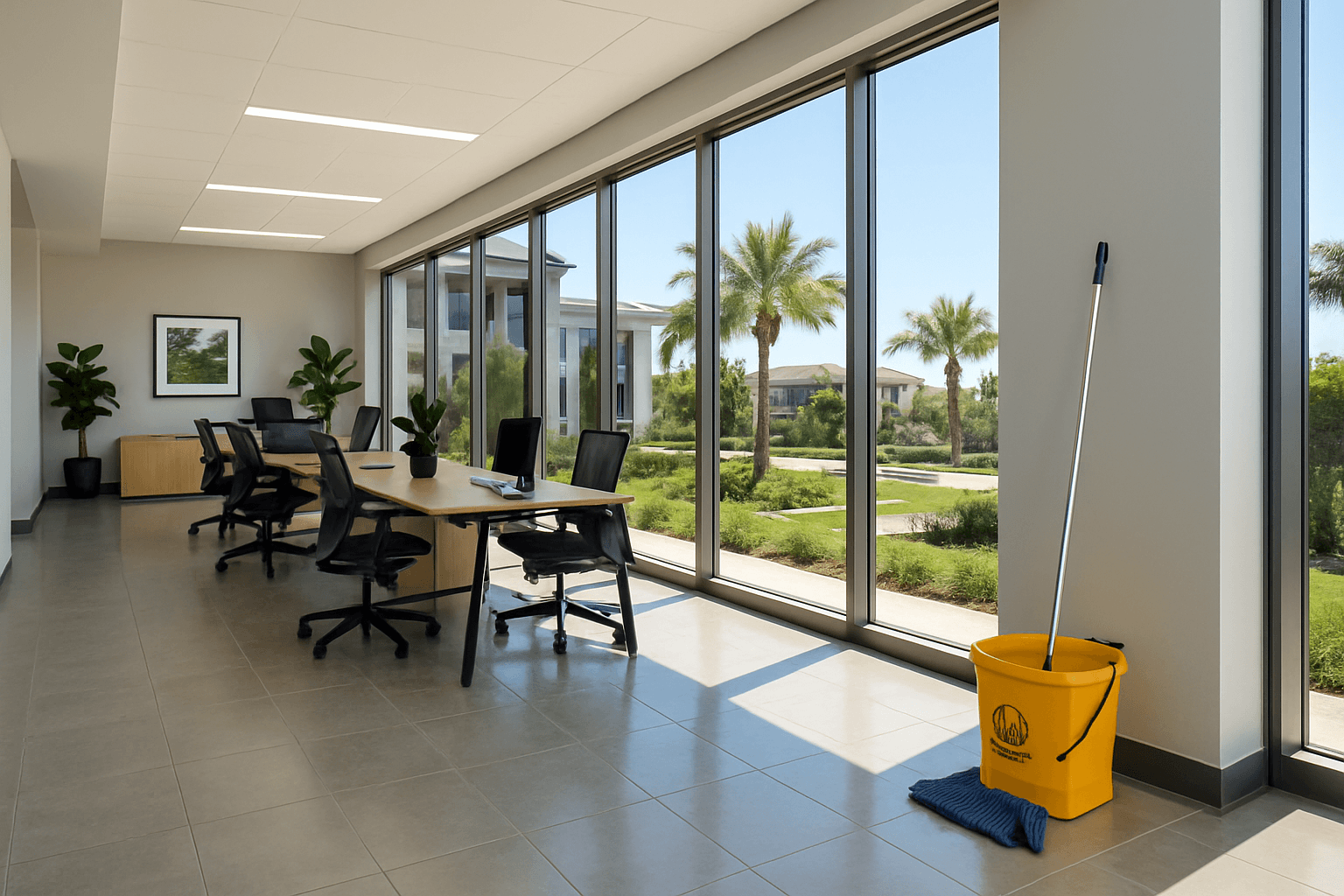 Modern Florida meeting room with mop and bucket beside spotless windows.