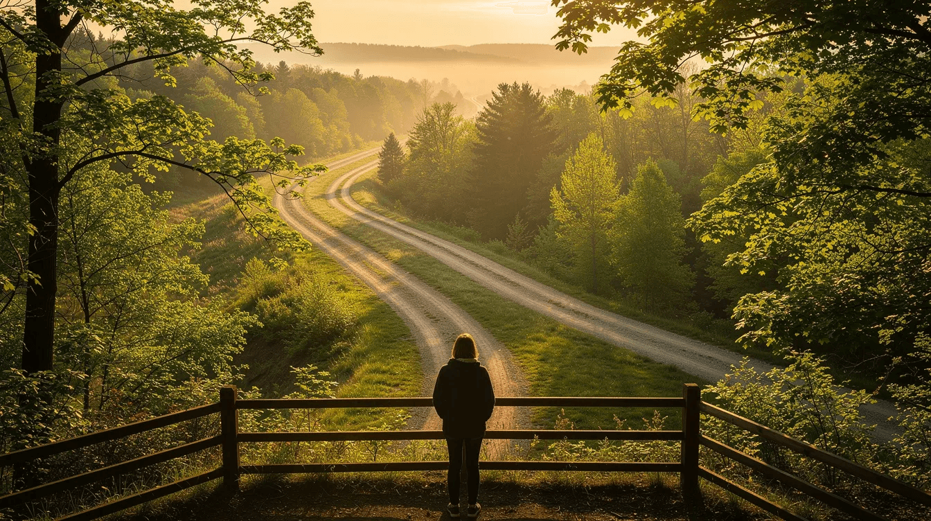 A person stands at a scenic overlook, contemplating various paths that weave through lush trees, symbolizing the decision-making process in life. This moment reflects the importance of assessing options and making informed decisions to achieve personal financial goals and navigate future challenges.