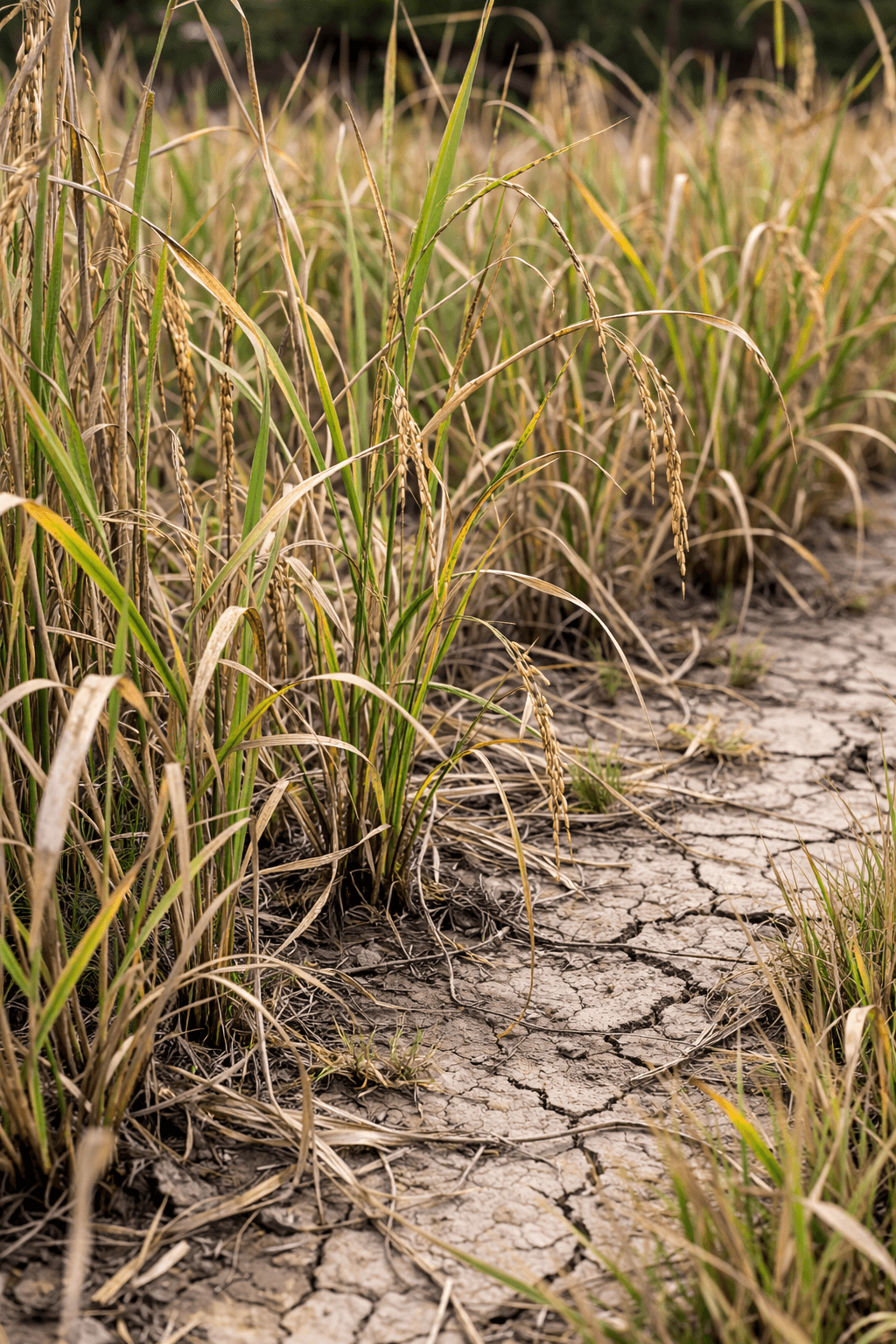 Rice field under natural outdoor conditions, illustrating climate impact on crop performance.