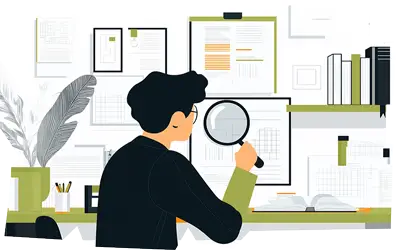 Ilustrație care simbolizează conversia și migrarea datelor, reprezentată printr-o mână care analizează documente cu o lupă, sugerând digitalizarea eficientă a informațiilor pentru cabinetele stomatologice.