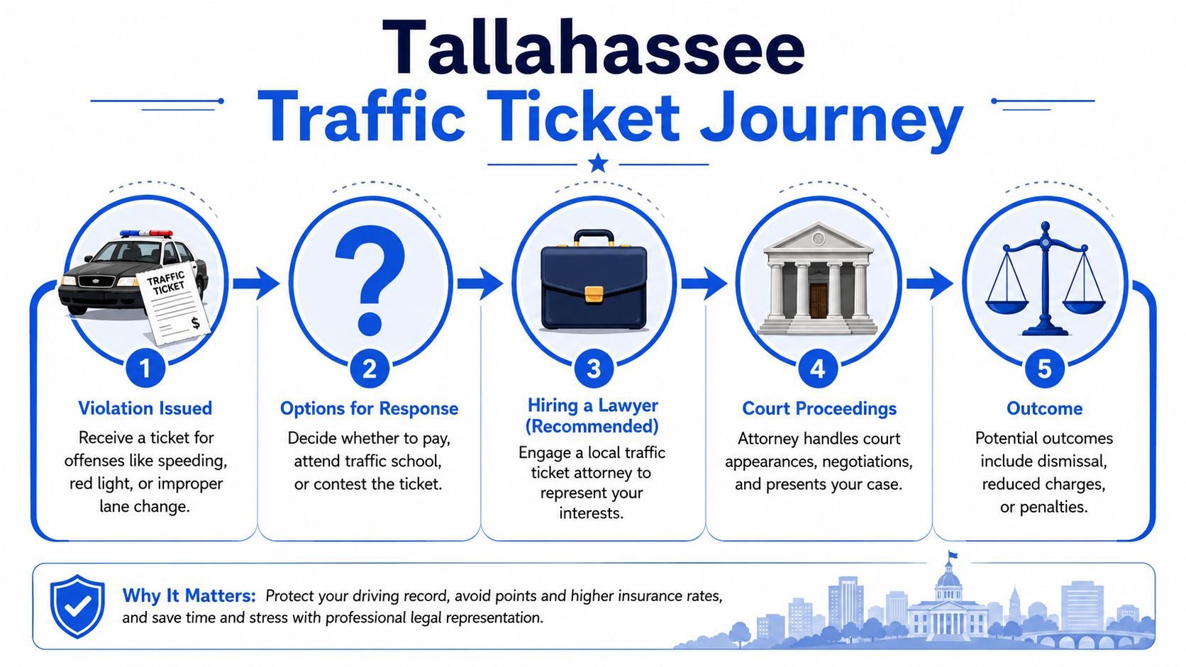 A flowchart showing the five steps of handling a traffic ticket in Tallahassee, from issuance to final outcome.