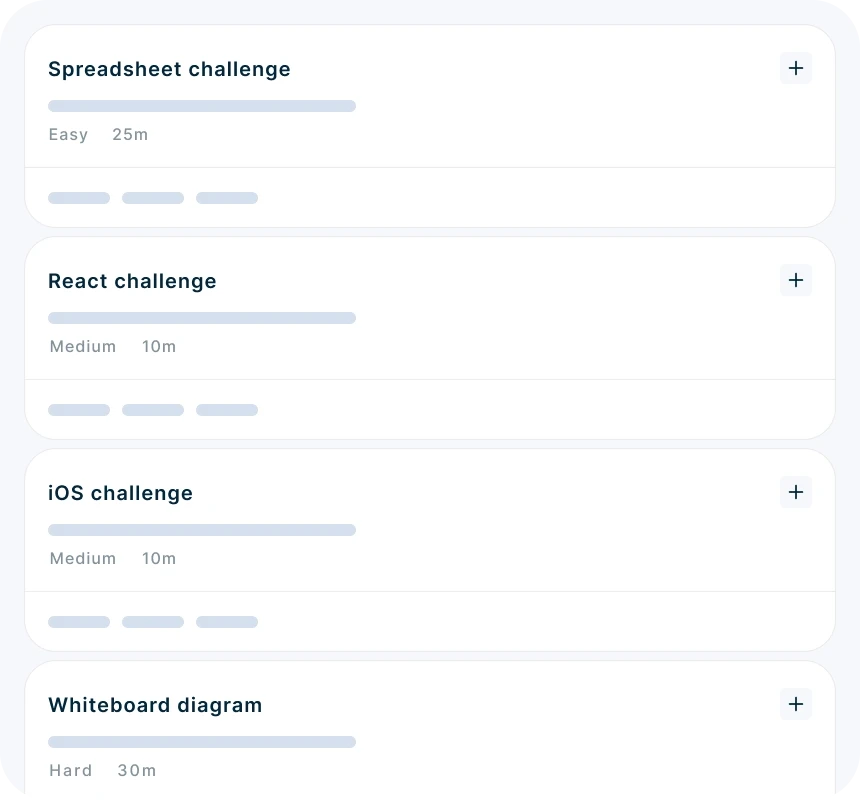 List of coding and assessment challenges including spreadsheet, React, iOS, and whiteboard diagram tasks