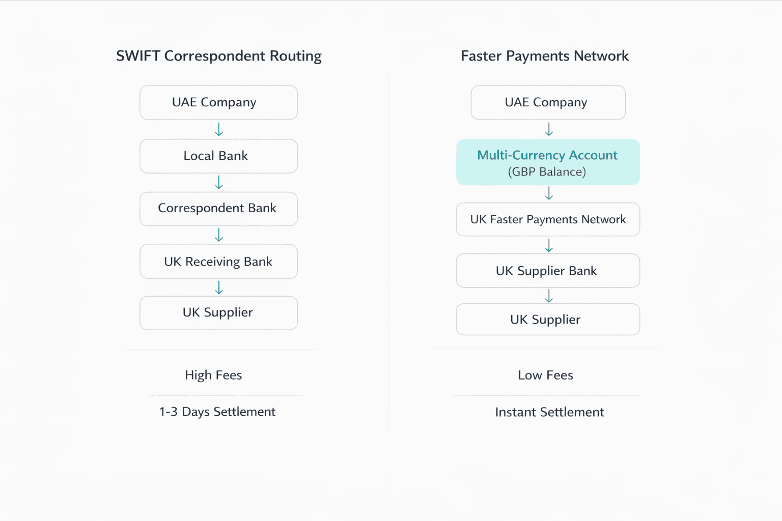 Diagram comparing UAE to UK payment via SWIFT correspondent banks versus direct GBP Faster Payments through a multi-currency business account