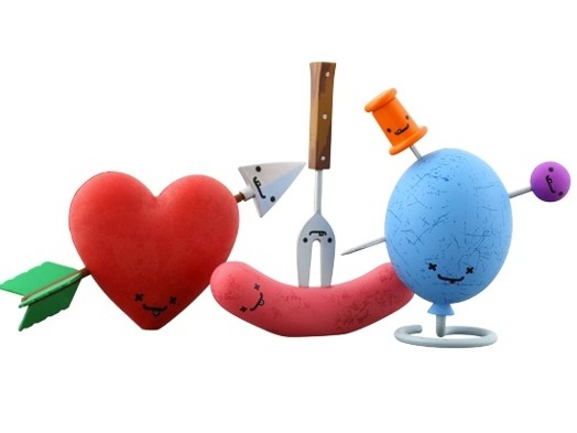 A 3d image showing a red heart pierced by a green arrow, a sausage pierced by a fork and a blue balloon pierced by a pin needle.