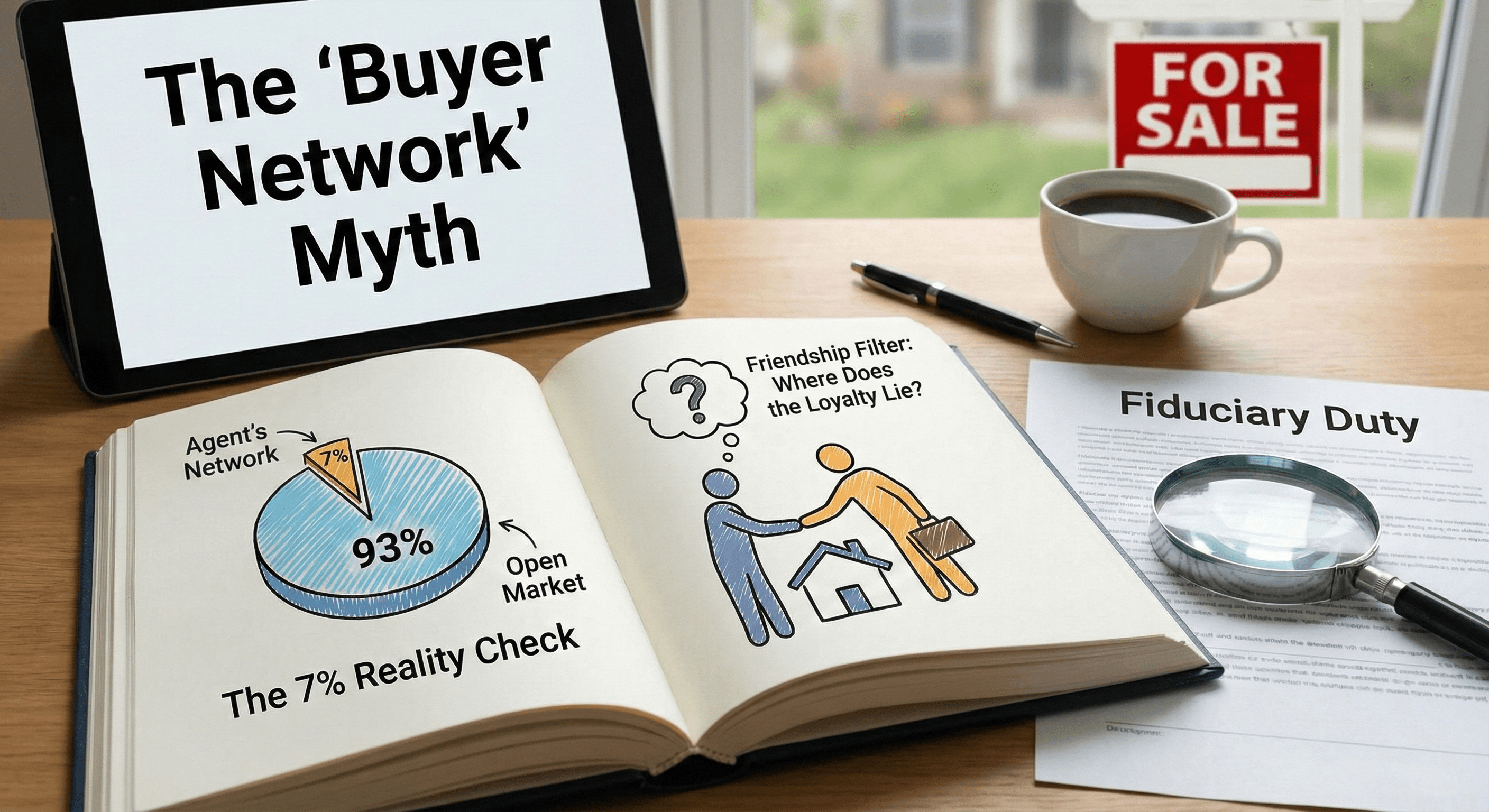 An open book on a desk displaying a pie chart titled "The 7% Reality Check," showing that 93% of buyers come from the open market versus only 7% from an agent’s network. The image includes a tablet displaying "The 'Buyer Network' Myth" and a document titled "Fiduciary Duty," illustrating the conflict of interest in dual agency for Danville home sellers.