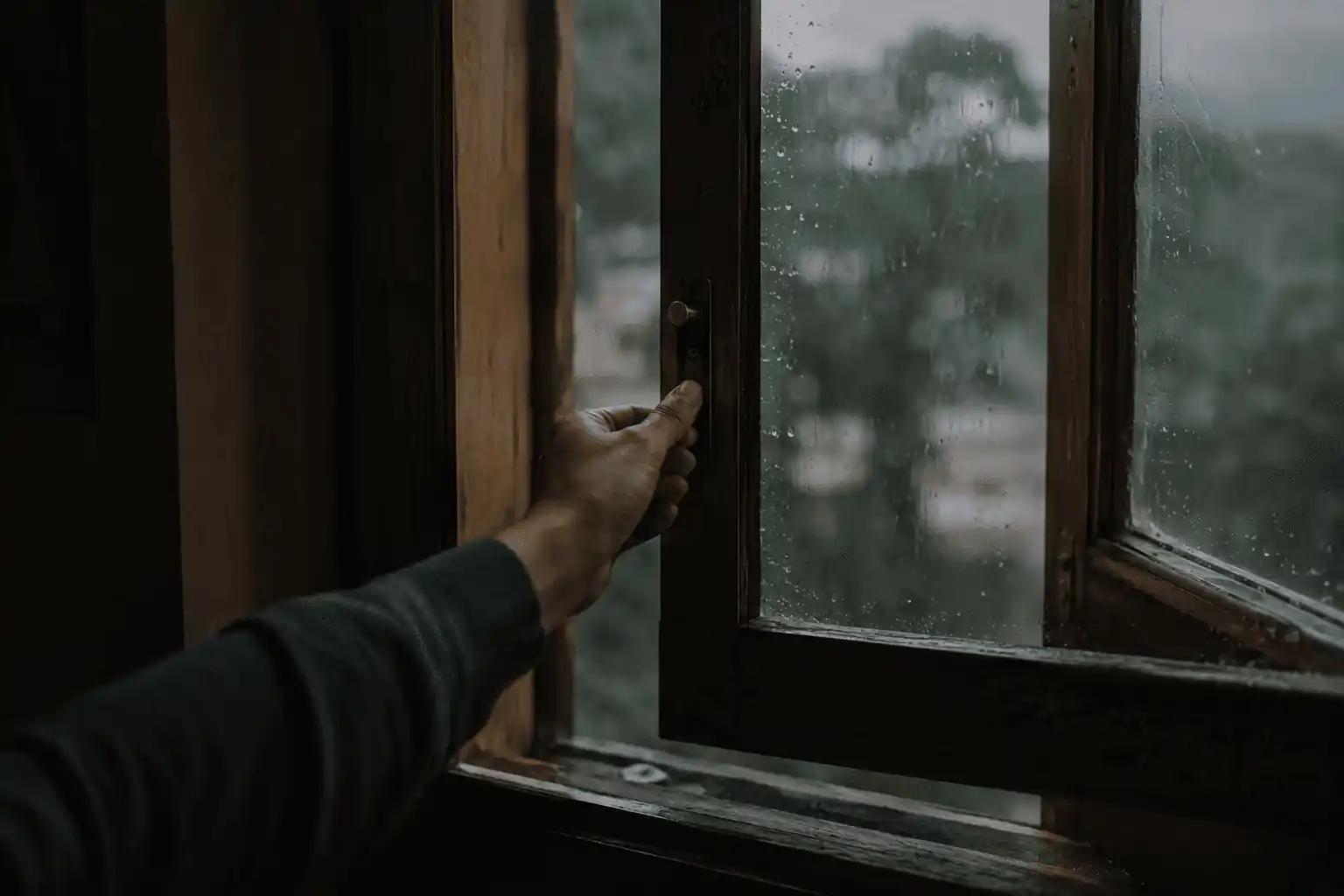 A hand reaching toward soft light through a window