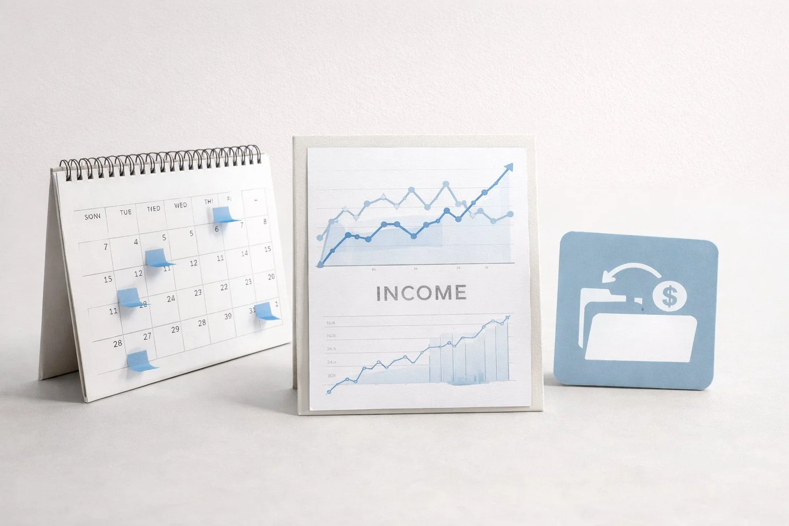 Minimalist financial planning scene with a flexible calendar, fluctuating income charts, and a retirement account icon representing adaptability.