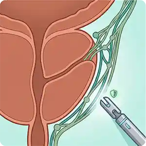 प्रोस्टेट ग्रंथि और नाजुक न्यूरोवैस्कुलर बंडल्स (NVBs - न्यूरोवैस्कुलर बंडल्स) को दर्शाने वाला 3D स्केमेटिक आइकन। एक robotic surgical इंस्ट्रूमेंट नर्मता से बंडल्स को अलग करने के लिए स्थित है, जो nerve-sparing radical prostatectomy (नसों की सुरक्षा के लिए उदार प्रोस्टेट सर्जरी) के प्रतीक के रूप में कार्य करता है।
